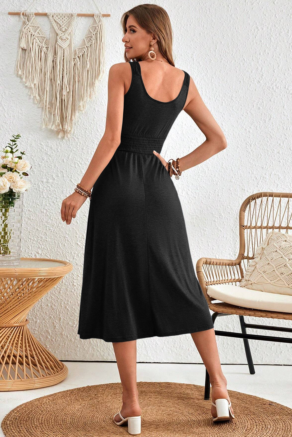 Black Button Shirred High Waist Sleeveless Midi Dress