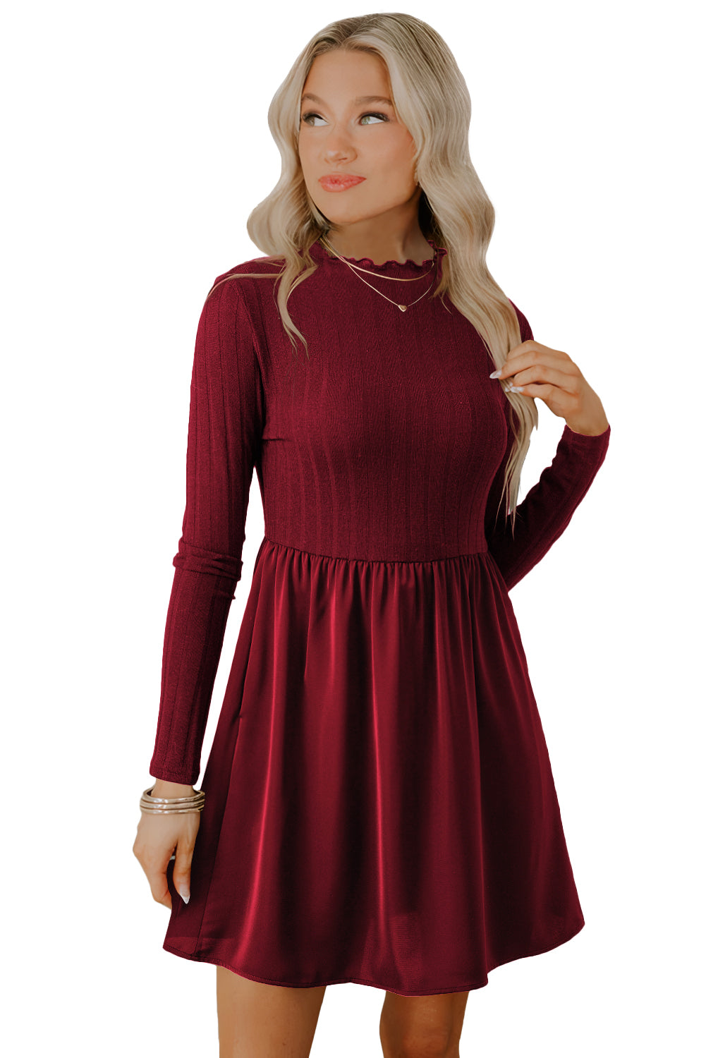 Black Frilled Neck Ribbed Knit Patchwork Long Sleeve Mini Dress