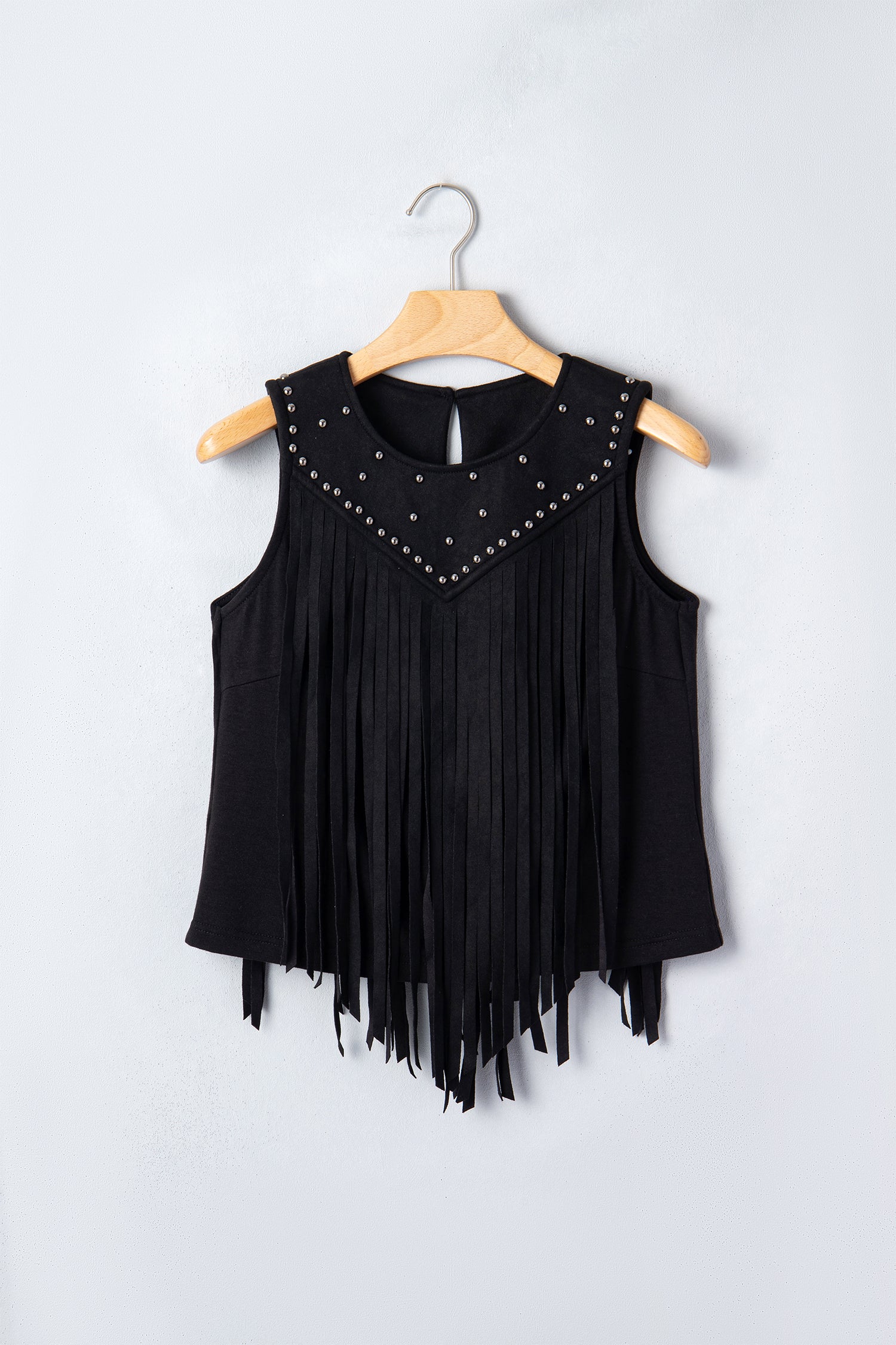 Black Western Fringe Rivet Paneling Bust Sleeveless Top