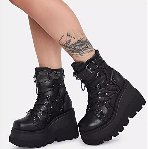 Gothniero Goth Platform Boots Black Gothic Chunky Heel Boots for Women Combat Ankle Wedge Booties with Side Zip Lace Up Size 3UK-8UK
