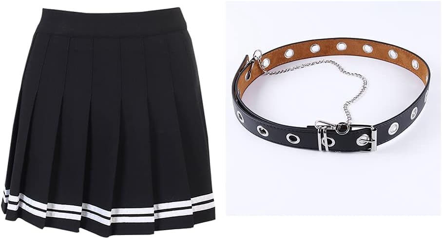 Minigonna da donna, nera, a pieghe, stile gotico, estiva, con cintura e catena