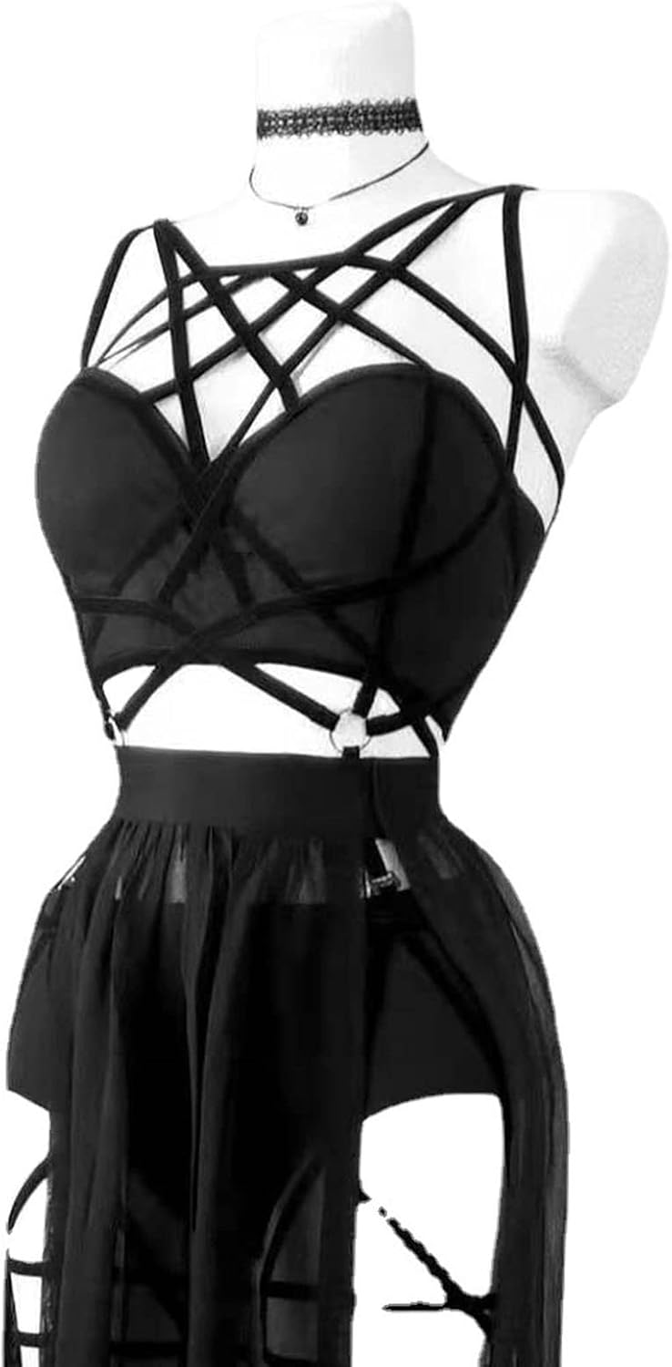 Generisch Abito gotico trasparente da donna, abbigliamento da notte, camicia da notte sexy, doppio negligé con spacco, per festival, club, serate, festival