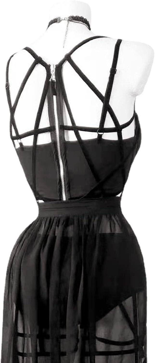 Generisch Abito gotico trasparente da donna, abbigliamento da notte, camicia da notte sexy, doppio negligé con spacco, per festival, club, serate, festival