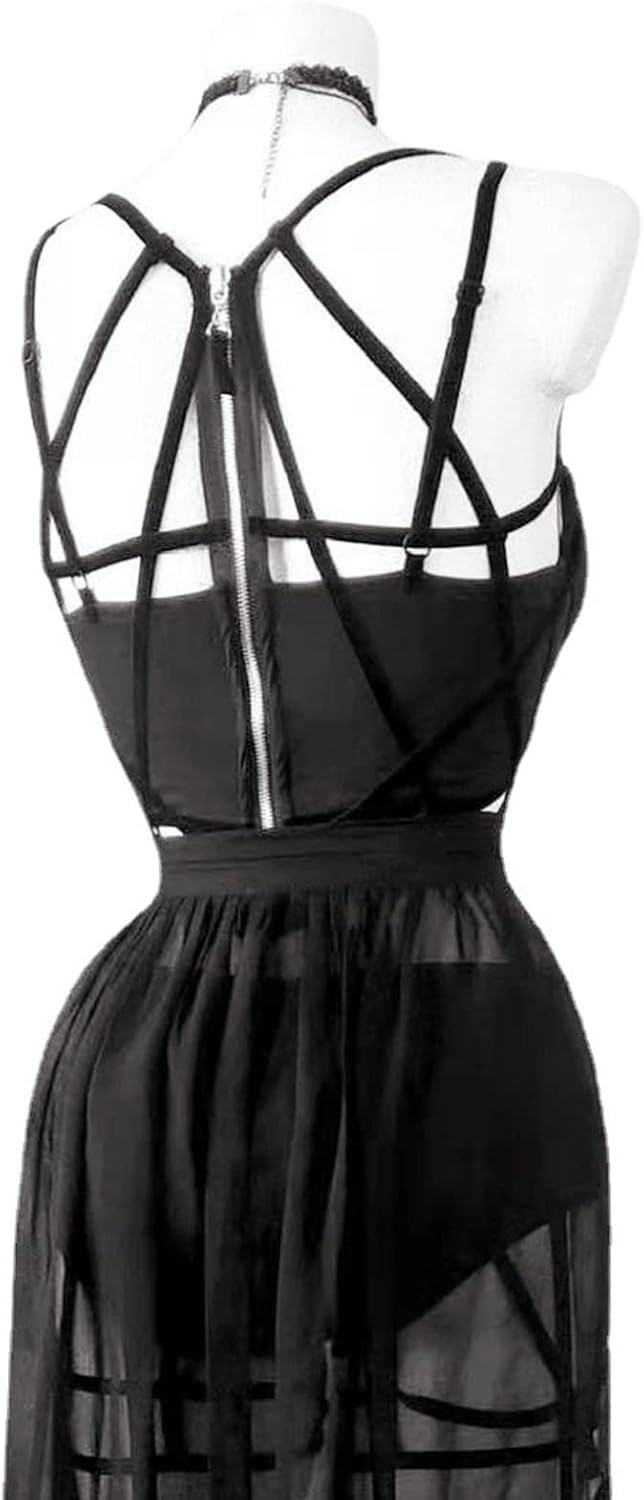 Generisch Abito gotico trasparente da donna, abbigliamento da notte, camicia da notte sexy, doppio negligé con spacco, per festival, club, serate, festival