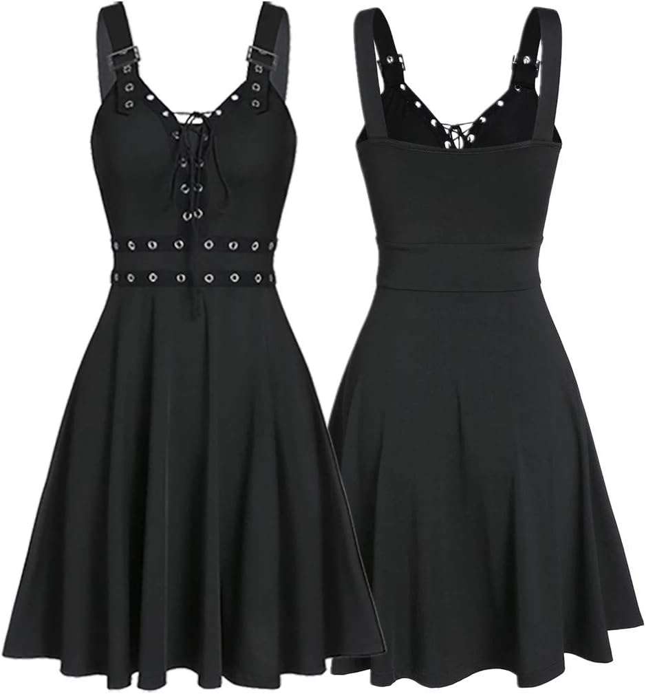 Abiti da Donna A Scollo A V - Vestito Casual Donna Senza Maniche Dress con Schiena Nuda E Spalline Regolabili Abito Modello Midi al Ginocchio Colore Unico Vestiti Stile Gotico Punk alla Moda