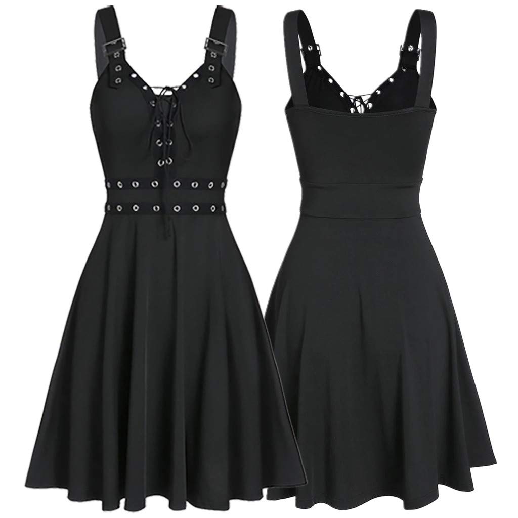 Abiti da Donna A Scollo A V - Vestito Casual Donna Senza Maniche Dress con Schiena Nuda E Spalline Regolabili Abito Modello Midi al Ginocchio Colore Unico Vestiti Stile Gotico Punk alla Moda