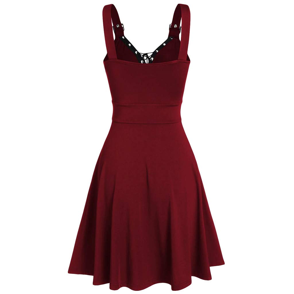 Abiti da Donna A Scollo A V - Vestito Casual Donna Senza Maniche Dress con Schiena Nuda E Spalline Regolabili Abito Modello Midi al Ginocchio Colore Unico Vestiti Stile Gotico Punk alla Moda