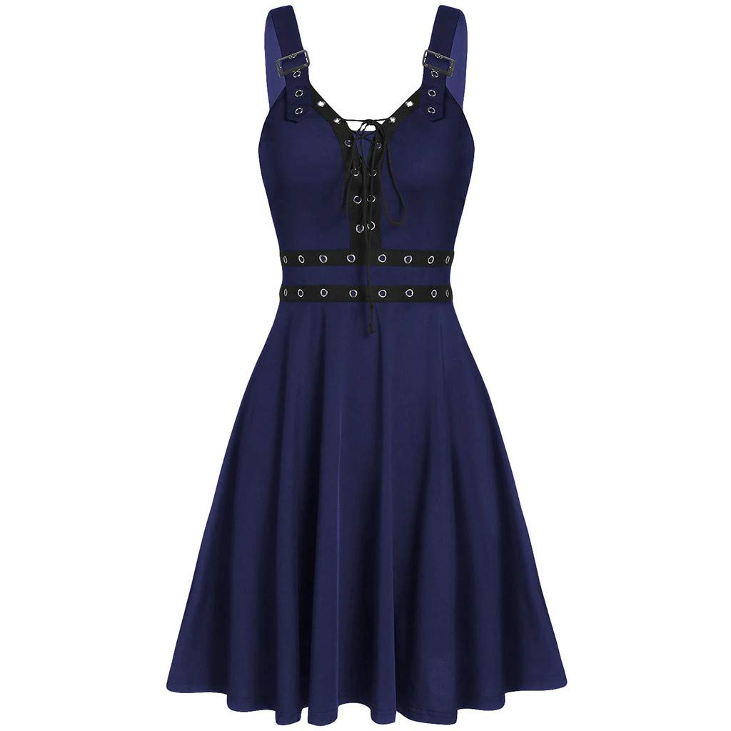 Abiti da Donna A Scollo A V - Vestito Casual Donna Senza Maniche Dress con Schiena Nuda E Spalline Regolabili Abito Modello Midi al Ginocchio Colore Unico Vestiti Stile Gotico Punk alla Moda