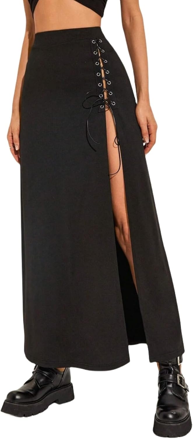 Gonna Lunga Donna Estate Gonna A Coscia Divisa da Donna A Vita Alta con Lacci sul Davanti Gonna A Fessura Gonna Lunga Max Gonne Nere High Street