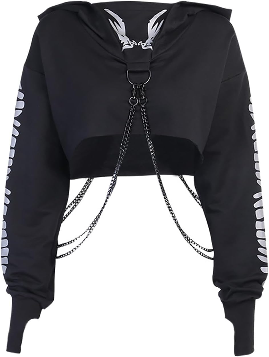 Maglietta a maniche lunghe con bretelle, da donna, stile gotico, punk, cool, con motivo drago, girocollo, nero, per autunno