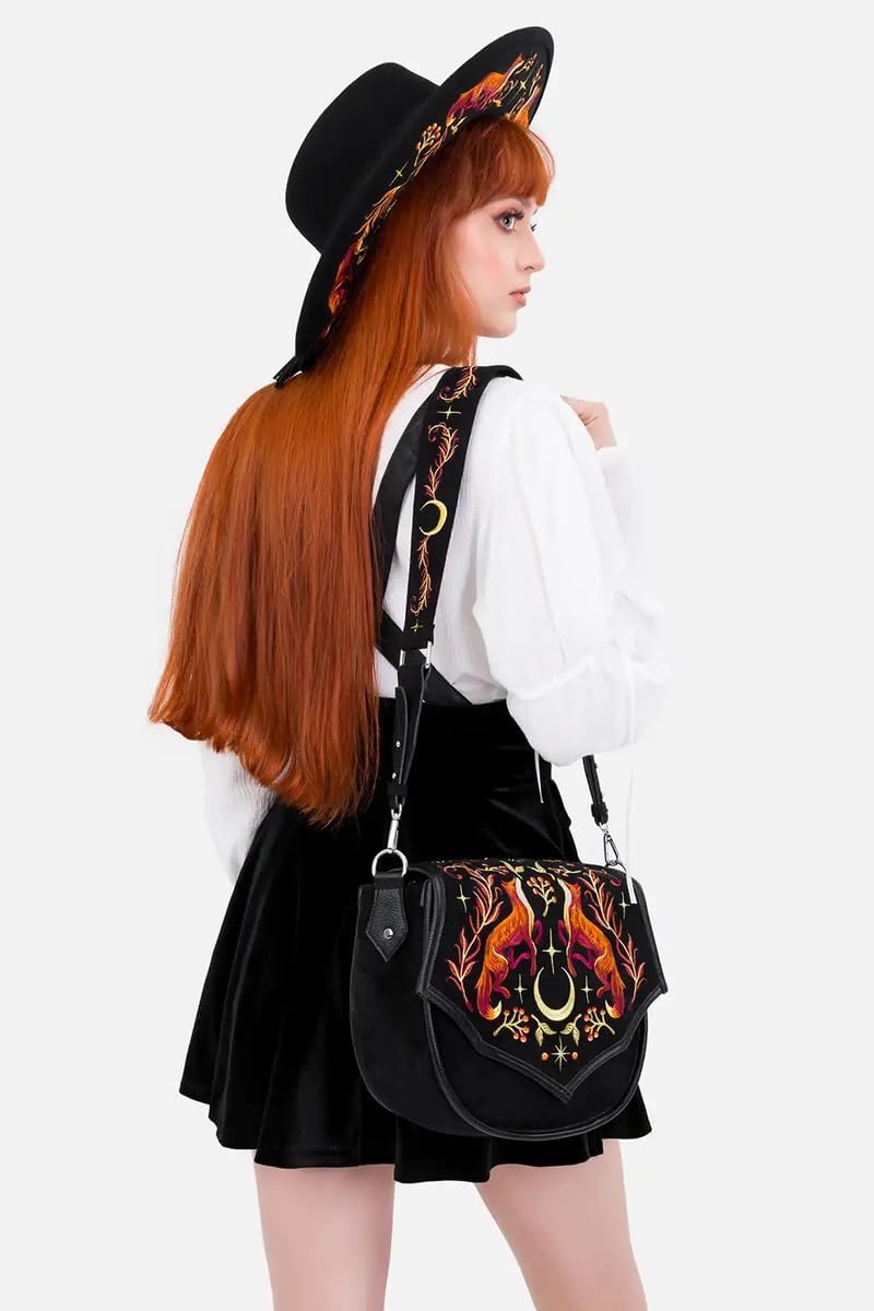 Restyle Foxfire Nights - Borsa a tracolla con motivo volpi e luna crescente - Borsa a tracolla gotica in pelle scamosciata nera con cinturino largo regolabile - stile Forestcore e Witchy