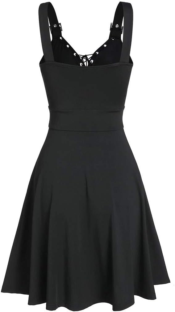 Abiti da Donna A Scollo A V - Vestito Casual Donna Senza Maniche Dress con Schiena Nuda E Spalline Regolabili Abito Modello Midi al Ginocchio Colore Unico Vestiti Stile Gotico Punk alla Moda