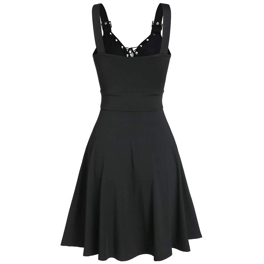 Abiti da Donna A Scollo A V - Vestito Casual Donna Senza Maniche Dress con Schiena Nuda E Spalline Regolabili Abito Modello Midi al Ginocchio Colore Unico Vestiti Stile Gotico Punk alla Moda