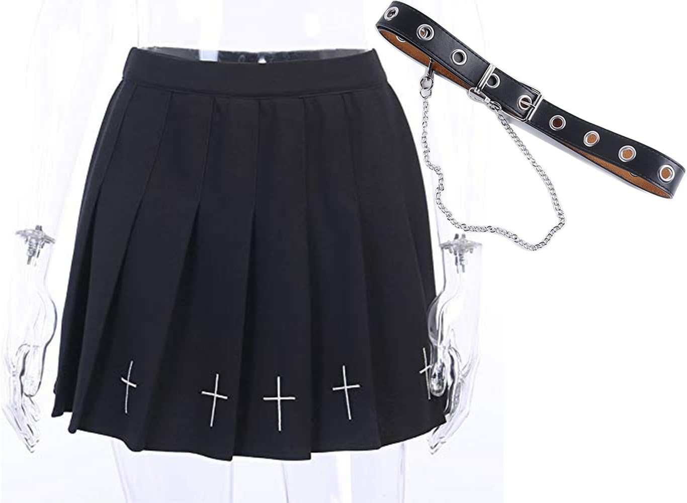 Minigonna da donna, nera, a pieghe, stile gotico, estiva, con cintura e catena