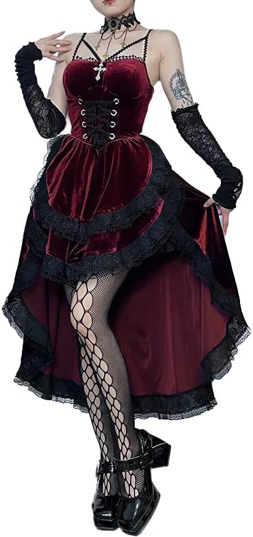 TSMNZMU Lolita - Abito da Donna in Velluto Gotico Senza Maniche, in Pizzo Harajuku