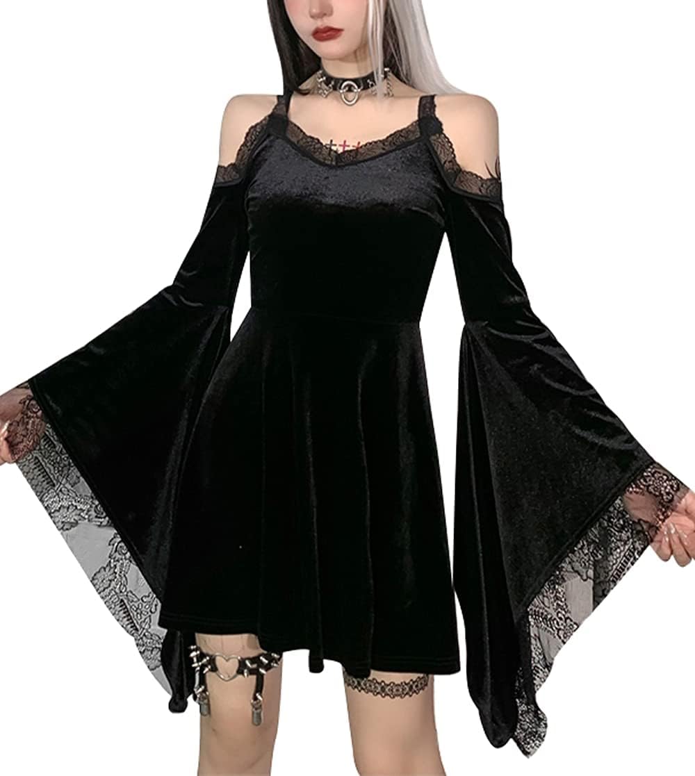 TSMNZMU Lolita - Abito da Donna in Velluto Gotico Senza Maniche, in Pizzo Harajuku
