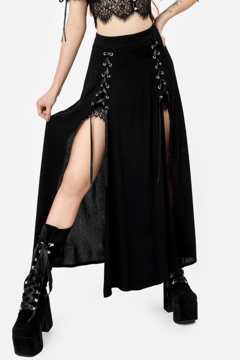 Restyle Gonna Lunga Rhodanthe con Lacci Neri, Stile Gotico, Stile Strega, Stile Punk