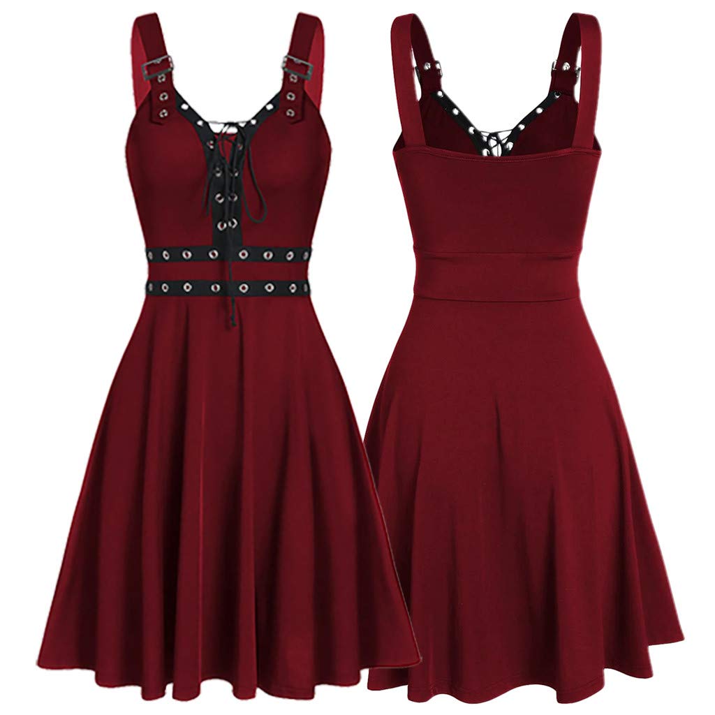 Abiti da Donna A Scollo A V - Vestito Casual Donna Senza Maniche Dress con Schiena Nuda E Spalline Regolabili Abito Modello Midi al Ginocchio Colore Unico Vestiti Stile Gotico Punk alla Moda