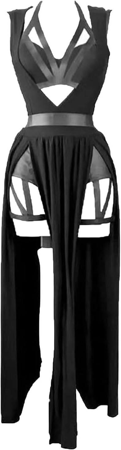 Generisch Abito gotico trasparente da donna, abbigliamento da notte, camicia da notte sexy, doppio negligé con spacco, per festival, club, serate, festival