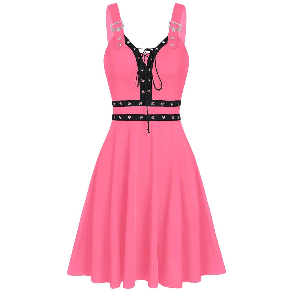 Abiti da Donna A Scollo A V - Vestito Casual Donna Senza Maniche Dress con Schiena Nuda E Spalline Regolabili Abito Modello Midi al Ginocchio Colore Unico Vestiti Stile Gotico Punk alla Moda