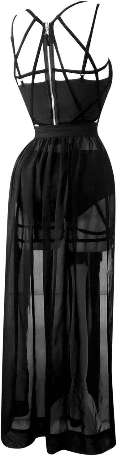 Generisch Abito gotico trasparente da donna, abbigliamento da notte, camicia da notte sexy, doppio negligé con spacco, per festival, club, serate, festival