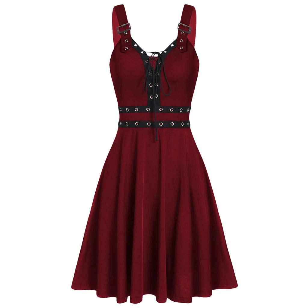 Abiti da Donna A Scollo A V - Vestito Casual Donna Senza Maniche Dress con Schiena Nuda E Spalline Regolabili Abito Modello Midi al Ginocchio Colore Unico Vestiti Stile Gotico Punk alla Moda