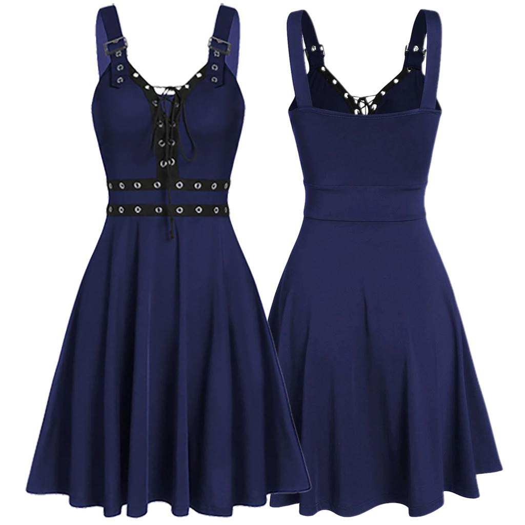 Abiti da Donna A Scollo A V - Vestito Casual Donna Senza Maniche Dress con Schiena Nuda E Spalline Regolabili Abito Modello Midi al Ginocchio Colore Unico Vestiti Stile Gotico Punk alla Moda