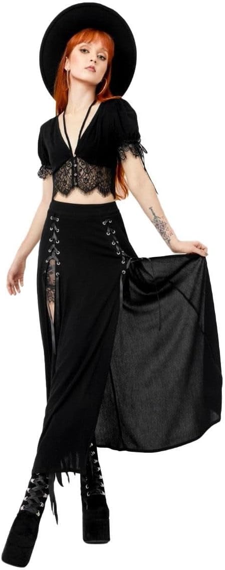 Restyle Gonna Lunga Rhodanthe con Lacci Neri, Stile Gotico, Stile Strega, Stile Punk