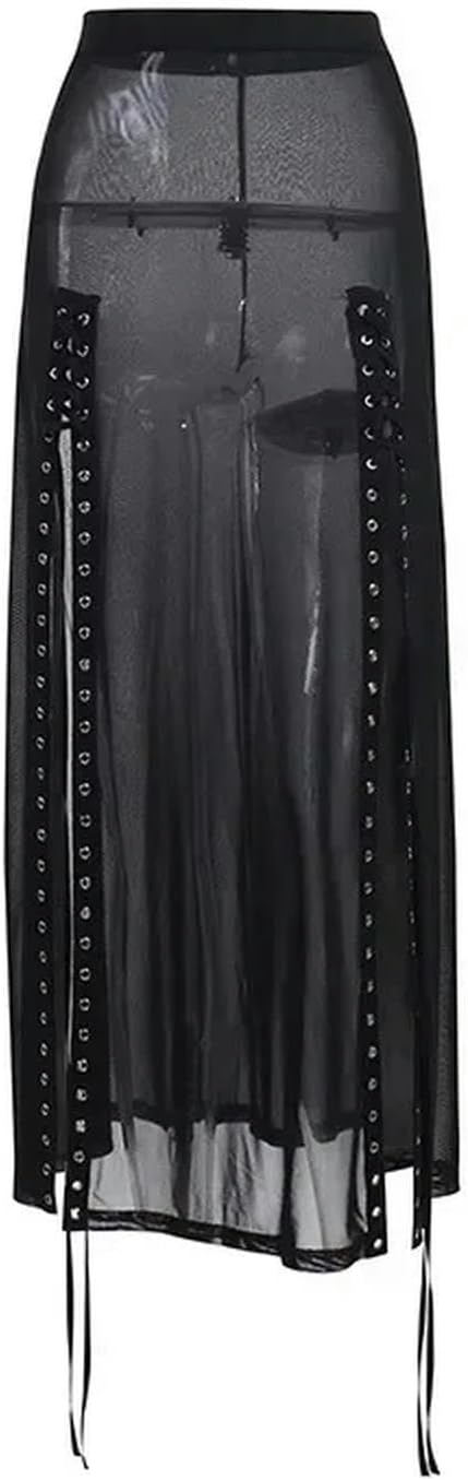 Gonna Lunga con Spacchi e Occhielli Patchwork Punk Nera Traforata Harajuku Y2K Goth Gonna da Notte Estiva-Nero-L