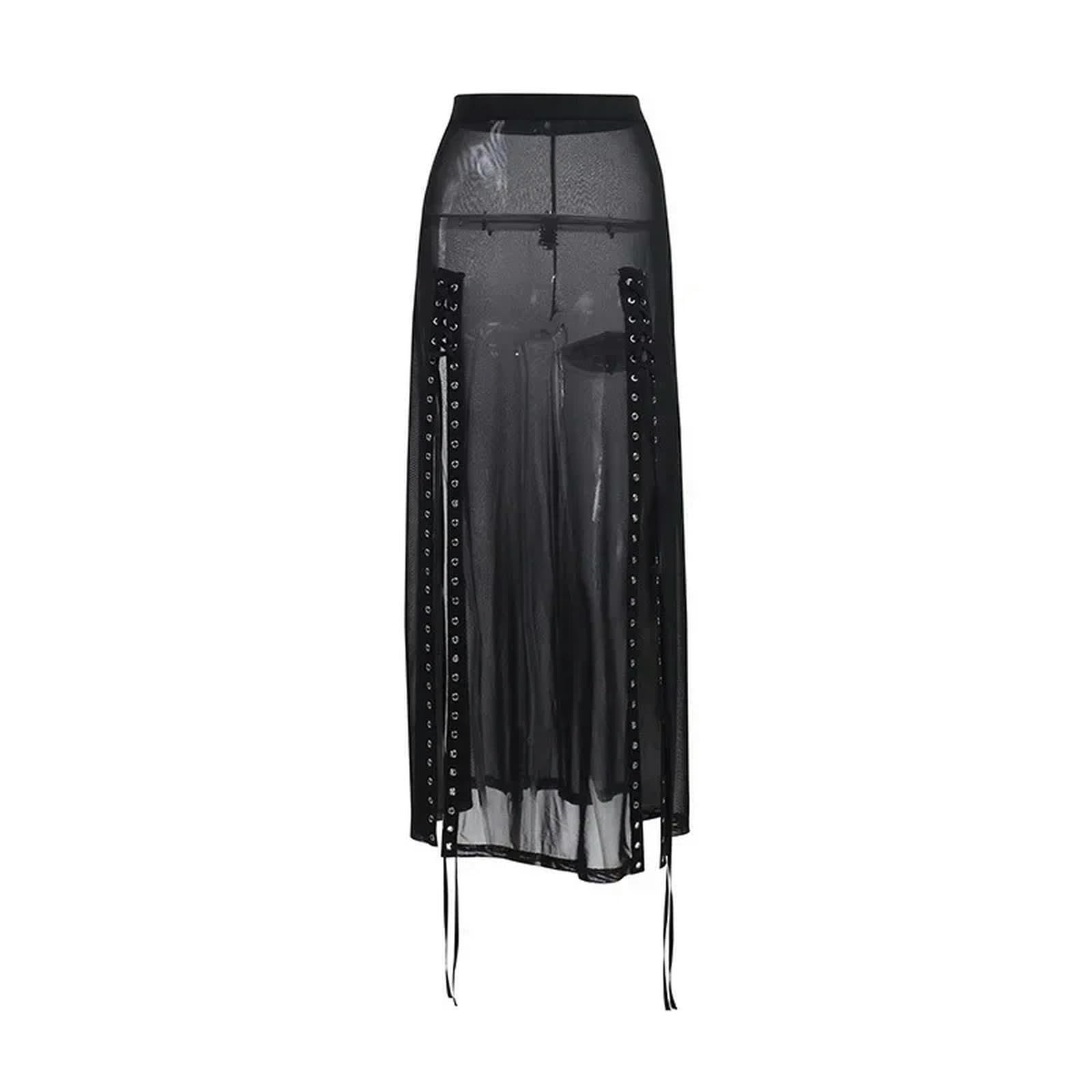 Gonna Lunga con Spacchi e Occhielli Patchwork Punk Nera Traforata Harajuku Y2K Goth Gonna da Notte Estiva-Nero-L