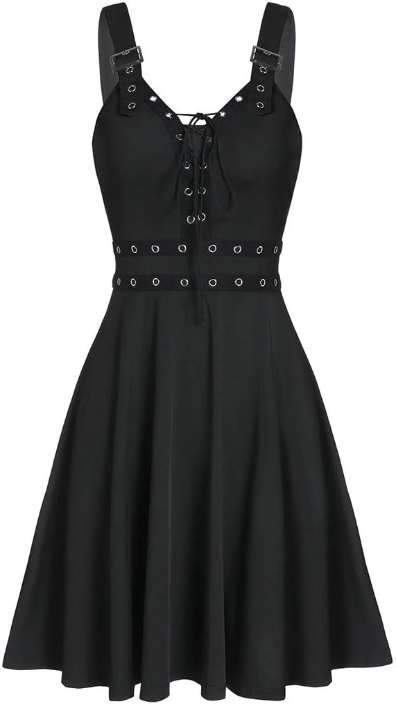 Abiti da Donna A Scollo A V - Vestito Casual Donna Senza Maniche Dress con Schiena Nuda E Spalline Regolabili Abito Modello Midi al Ginocchio Colore Unico Vestiti Stile Gotico Punk alla Moda