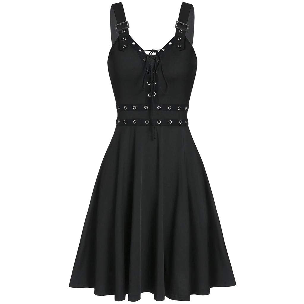 Abiti da Donna A Scollo A V - Vestito Casual Donna Senza Maniche Dress con Schiena Nuda E Spalline Regolabili Abito Modello Midi al Ginocchio Colore Unico Vestiti Stile Gotico Punk alla Moda