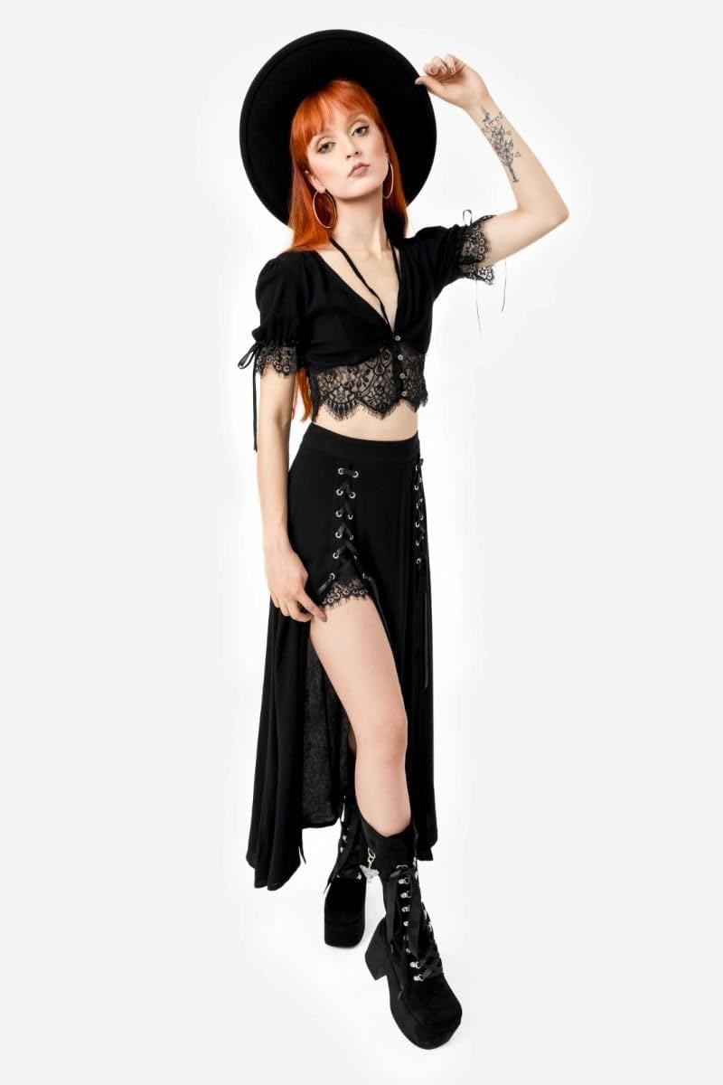Restyle Gonna Lunga Rhodanthe con Lacci Neri, Stile Gotico, Stile Strega, Stile Punk