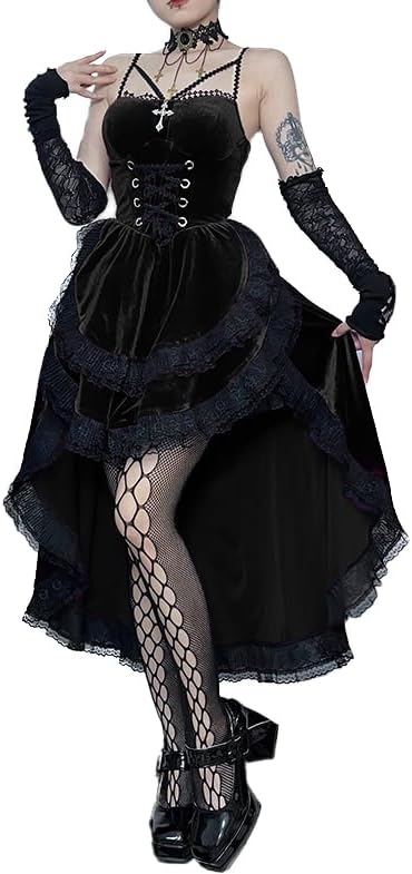 TSMNZMU Lolita - Abito da Donna in Velluto Gotico Senza Maniche, in Pizzo Harajuku