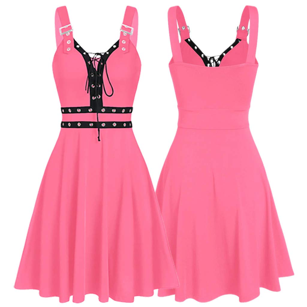 Abiti da Donna A Scollo A V - Vestito Casual Donna Senza Maniche Dress con Schiena Nuda E Spalline Regolabili Abito Modello Midi al Ginocchio Colore Unico Vestiti Stile Gotico Punk alla Moda