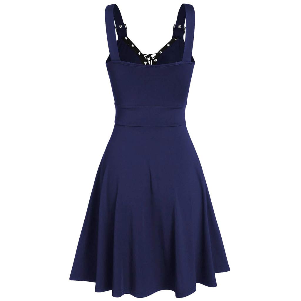 Abiti da Donna A Scollo A V - Vestito Casual Donna Senza Maniche Dress con Schiena Nuda E Spalline Regolabili Abito Modello Midi al Ginocchio Colore Unico Vestiti Stile Gotico Punk alla Moda