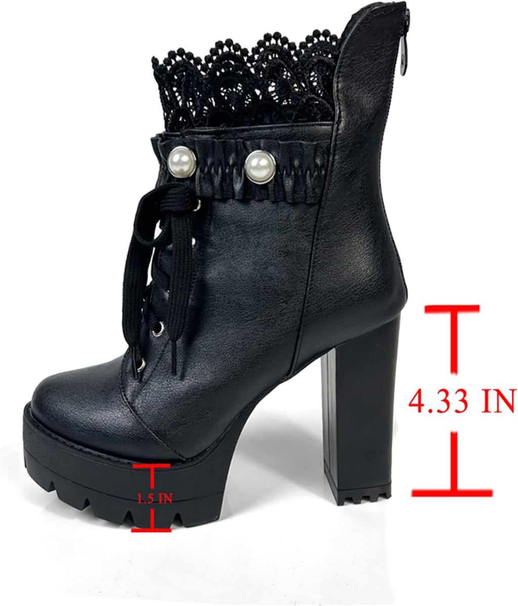 FOREADA Stivaletti neri con tacco alto da donna, con plateau, con lacci, stile gotico, con tacco grosso, con cerniera
