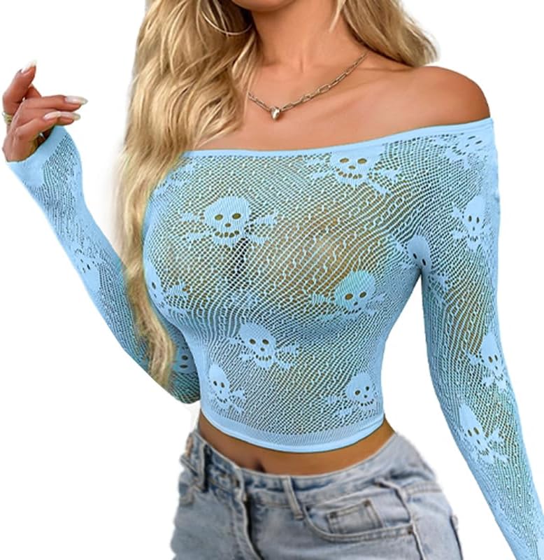 Buitifo Donne Sexy Crop Top Mesh Nightwear Skull Festival Costume Lingerie Camicie
