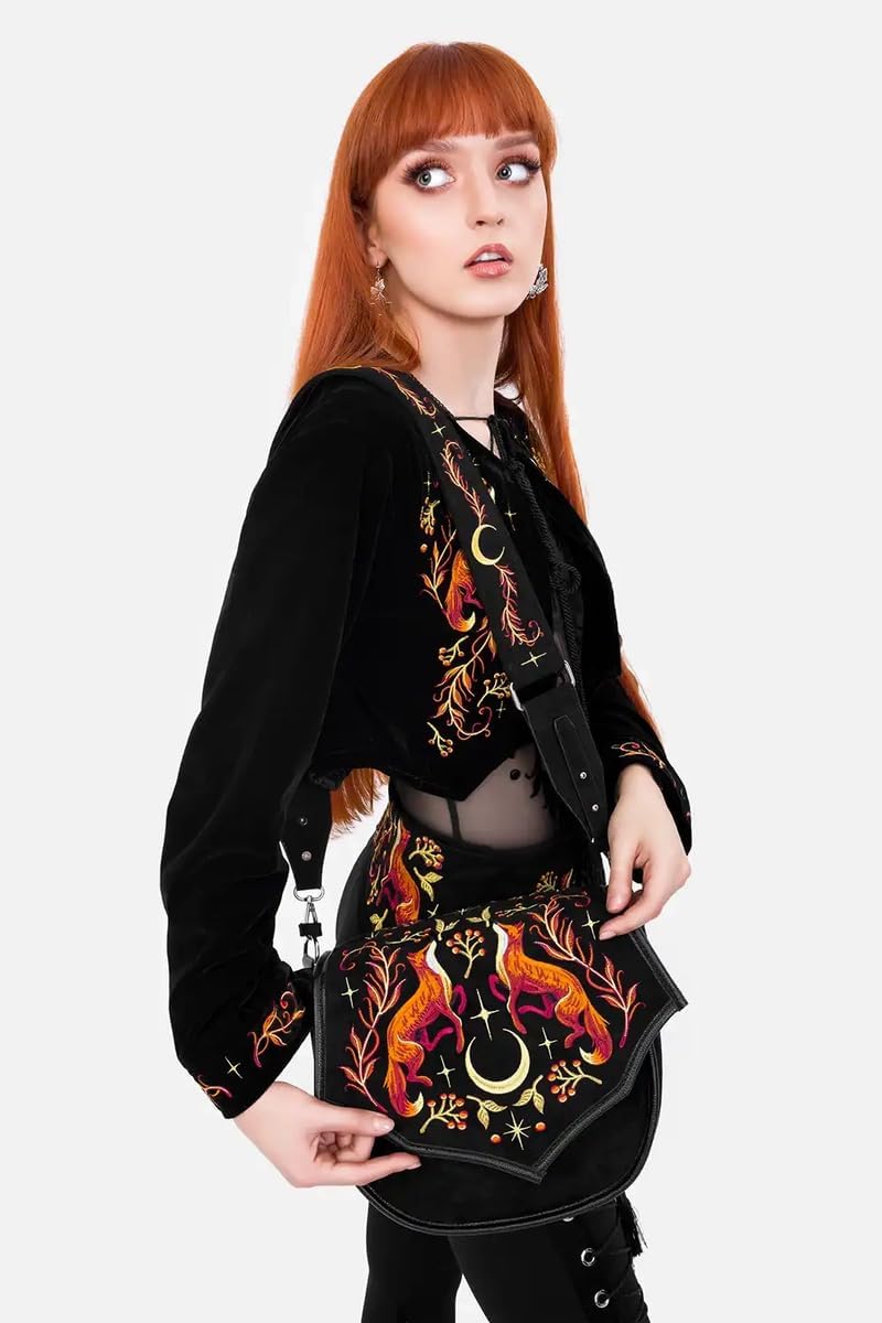 Restyle Foxfire Nights - Borsa a tracolla con motivo volpi e luna crescente - Borsa a tracolla gotica in pelle scamosciata nera con cinturino largo regolabile - stile Forestcore e Witchy
