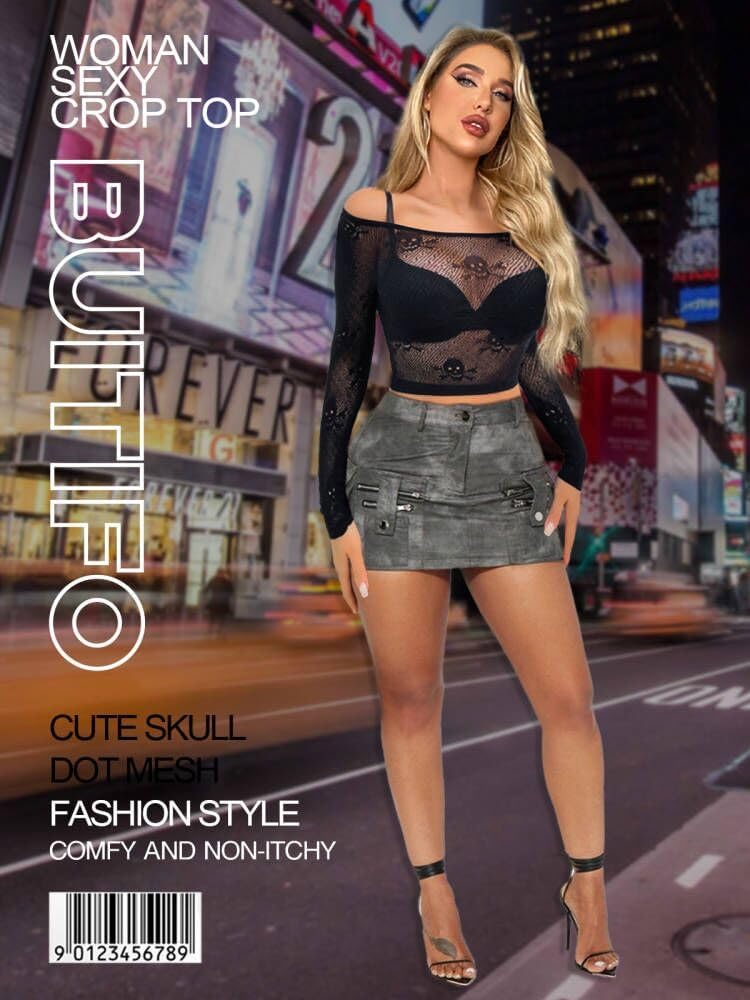 Buitifo Donne Sexy Crop Top Mesh Nightwear Skull Festival Costume Lingerie Camicie