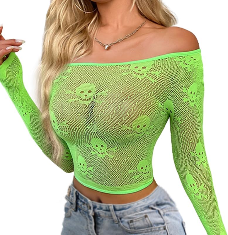 Buitifo Donne Sexy Crop Top Mesh Nightwear Skull Festival Costume Lingerie Camicie