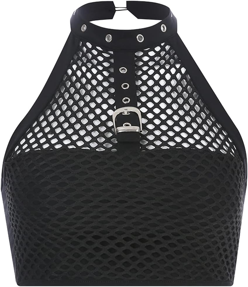 Canotte da donna punk – Sexy senza maniche in rete metallica senza schienale – Dark Goth Grunge Y2K Emo Dance Crop Top
