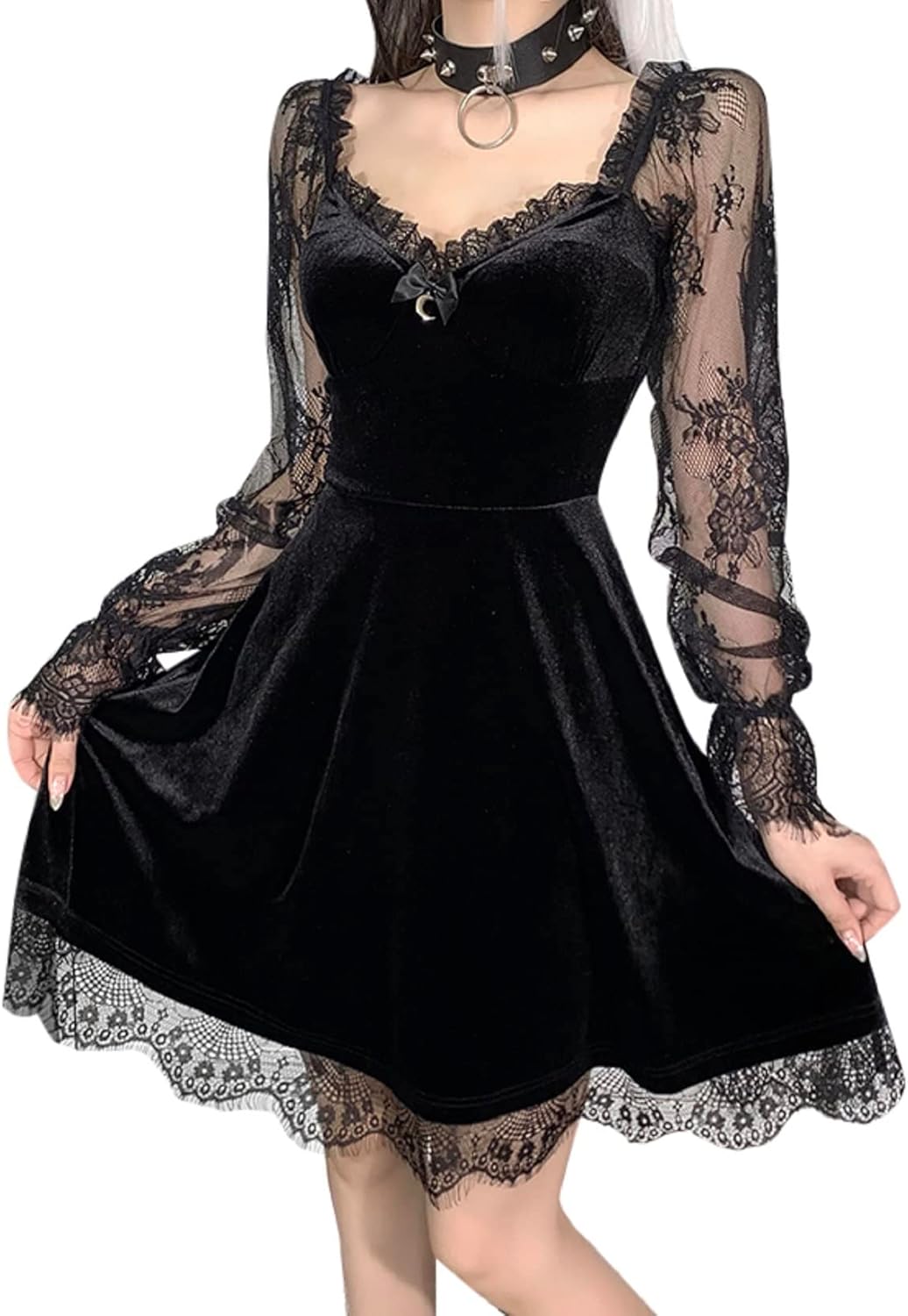 TSMNZMU Lolita - Abito da Donna in Velluto Gotico Senza Maniche, in Pizzo Harajuku