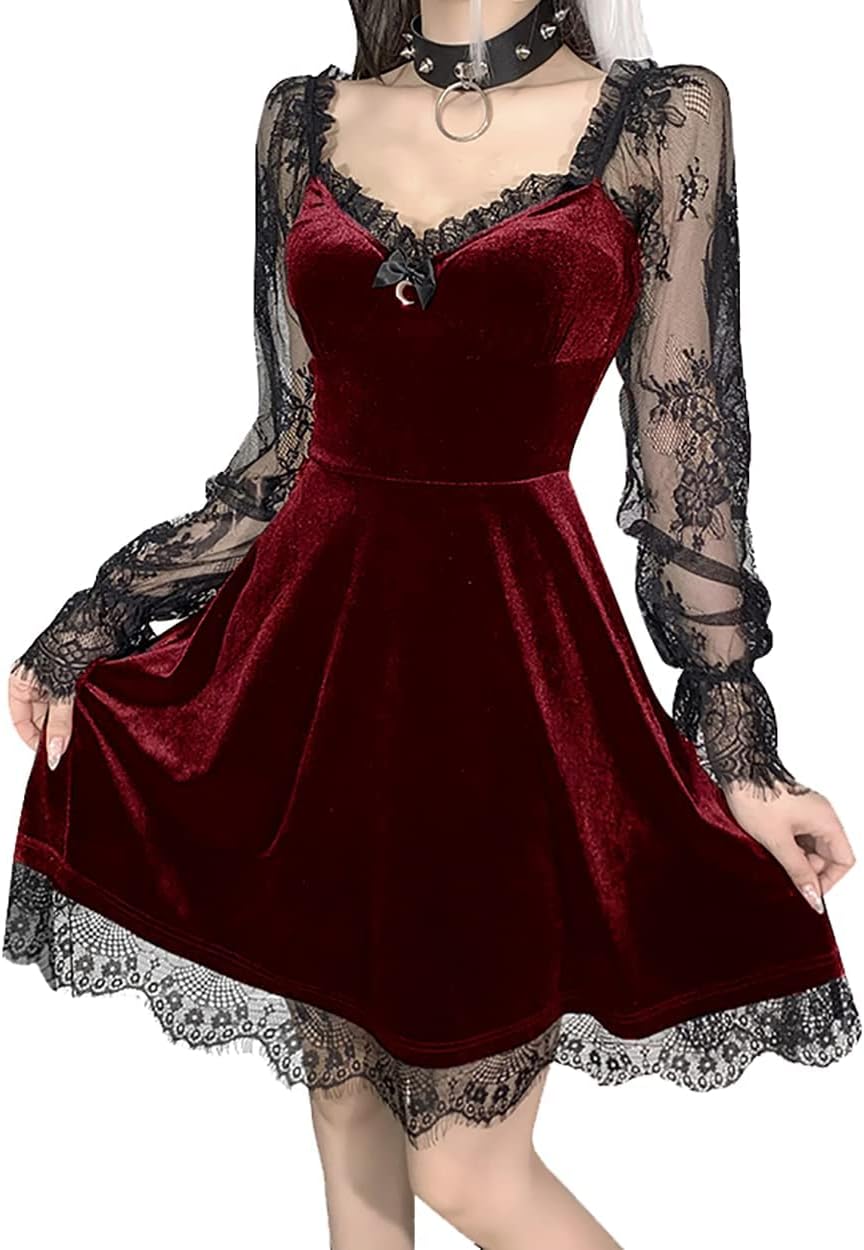 TSMNZMU Lolita - Abito da Donna in Velluto Gotico Senza Maniche, in Pizzo Harajuku