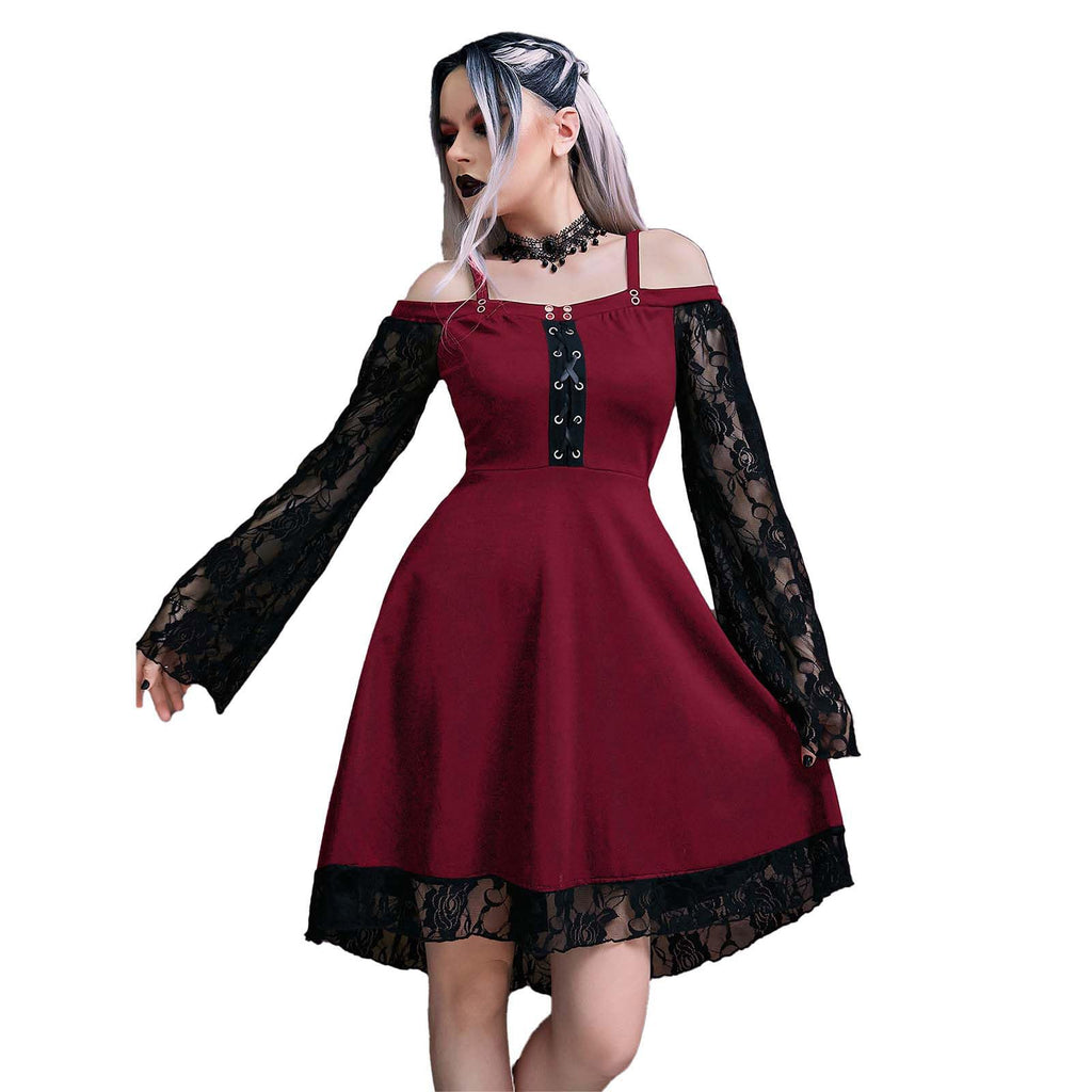 KHIRVWL Abito da Donna a Maniche Lunghe in Pizzo Gotico Sexy Abito in Chiffon a Maniche Lunghe Abito Medievale a Maniche Lunghe con Spalline Gotiche Abito Stile Punk Cocktail Party