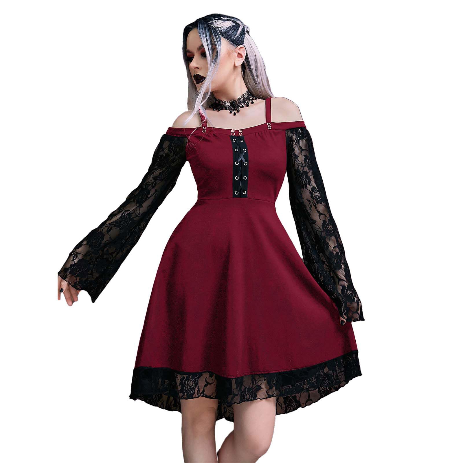 KHIRVWL Abito da Donna a Maniche Lunghe in Pizzo Gotico Sexy Abito in Chiffon a Maniche Lunghe Abito Medievale a Maniche Lunghe con Spalline Gotiche Abito Stile Punk Cocktail Party