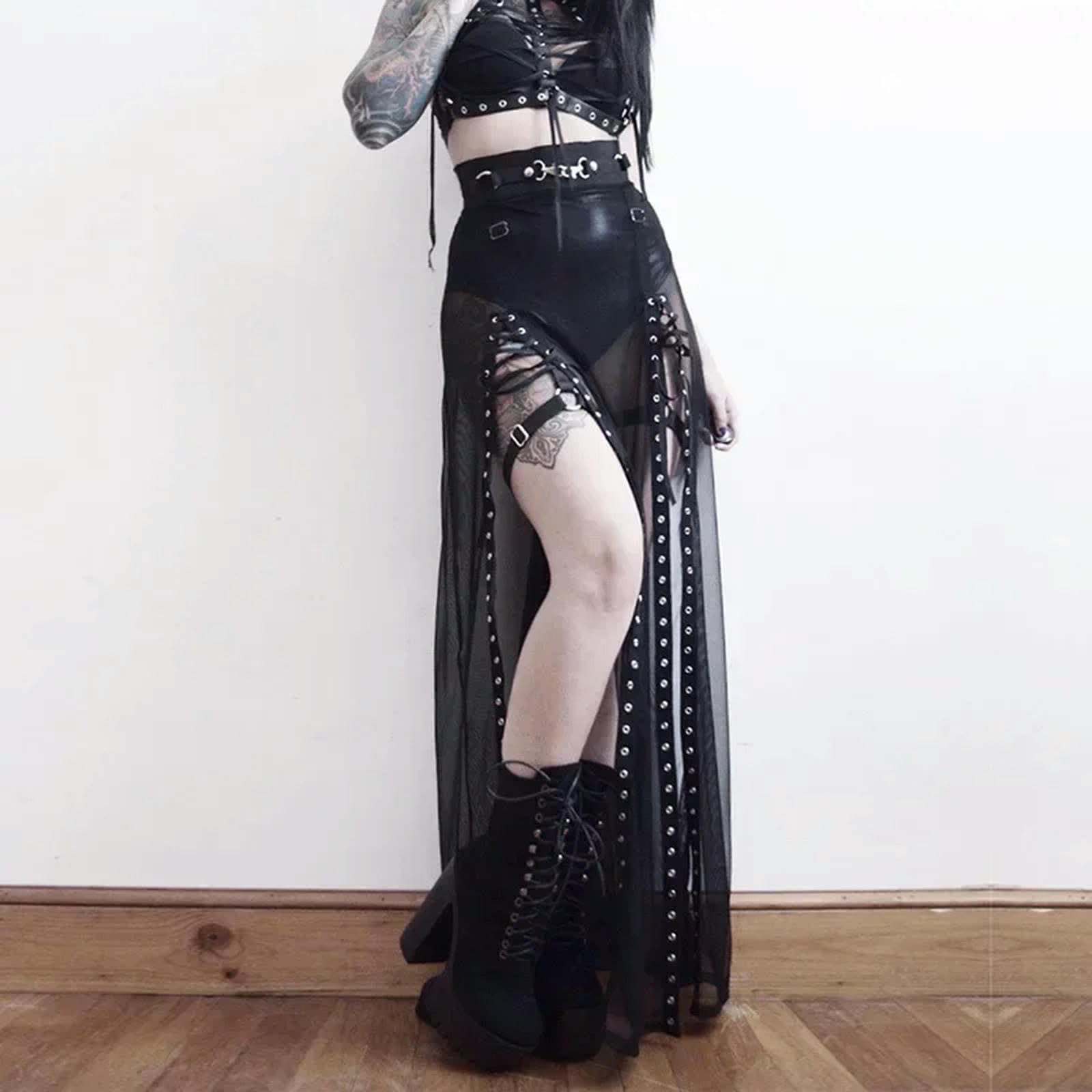 Gonna Lunga con Spacchi e Occhielli Patchwork Punk Nera Traforata Harajuku Y2K Goth Gonna da Notte Estiva-Nero-L