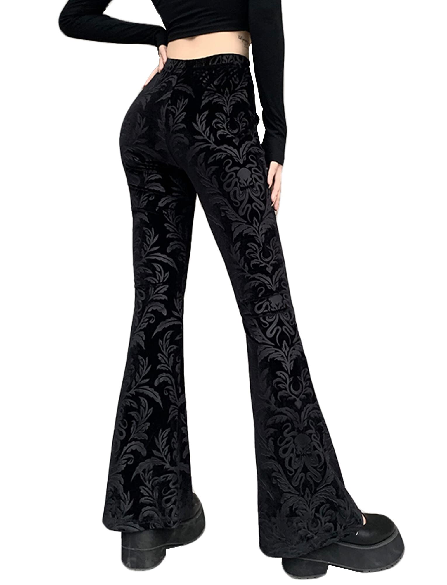 SEAUR Gothic Punk - Pantaloni da donna in pizzo floreale vintage, in velluto nero, Y2K, per il tempo libero, Grunge Party Club Wear