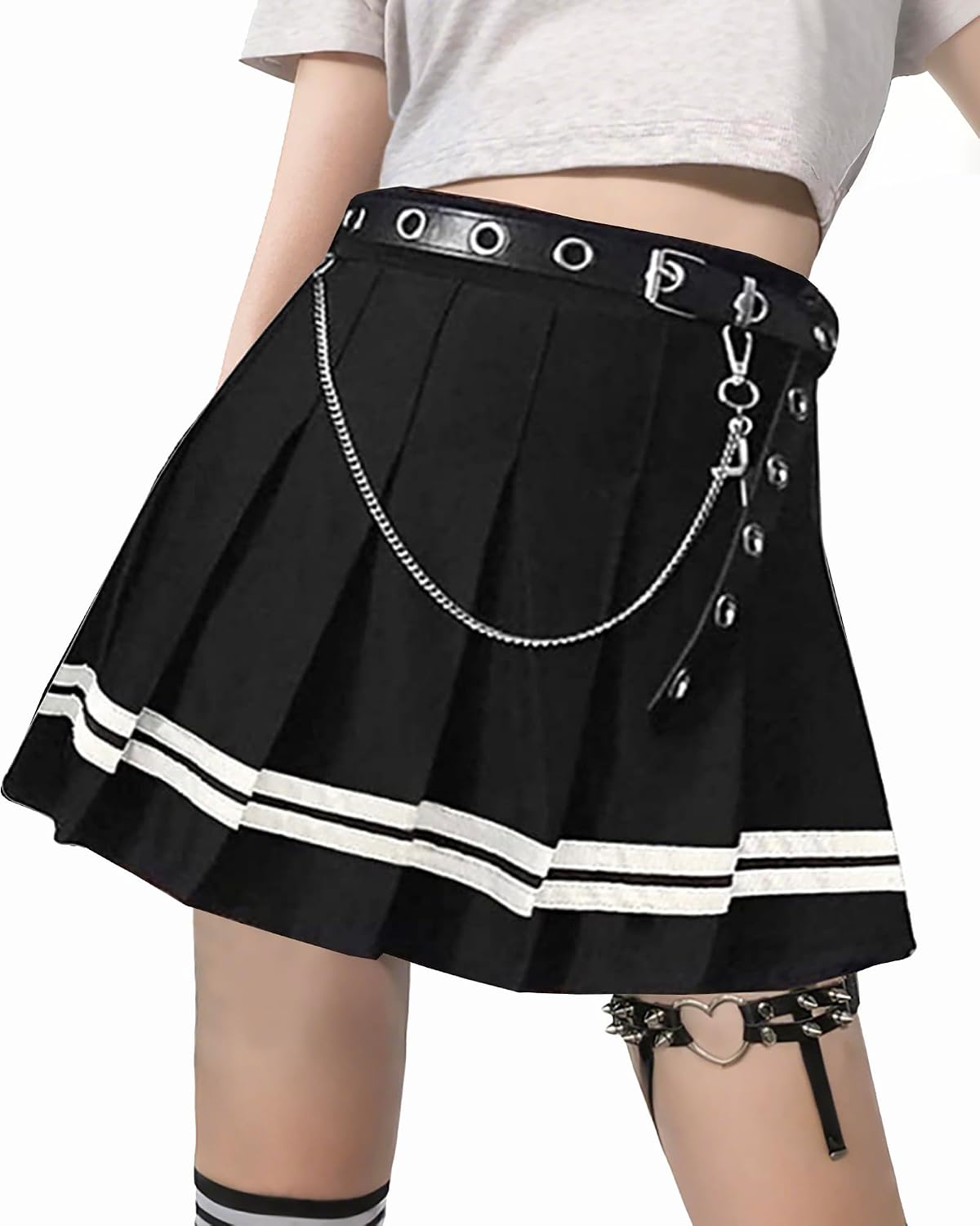 Minigonna da donna, nera, a pieghe, stile gotico, estiva, con cintura e catena