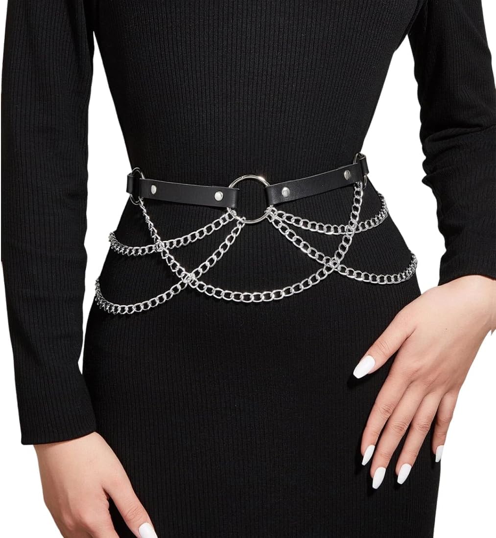 Punk Catene in Vita Catene per il Corpo in Pelle Nera Gotica Catene per Ombelico a Strati Gioielli con Catena per il Corpo Rave per Donne e Ragazze